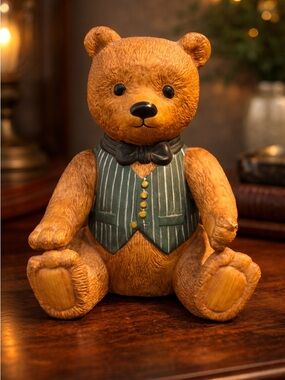 Vintage Teddy Bear Music Box Figurine Dressed Bear Decor